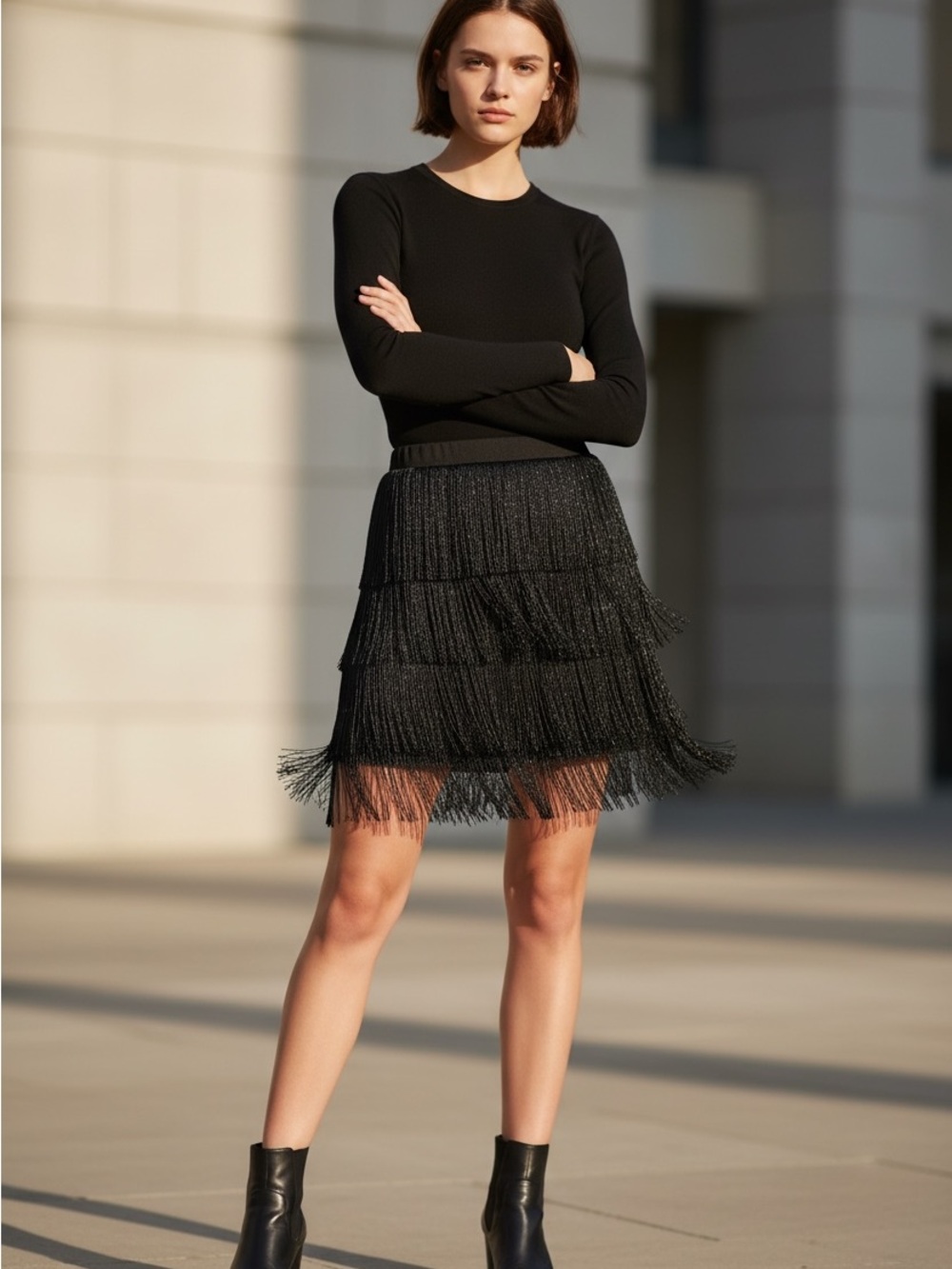 Ann Taylor Black Tiered Fringe Mini Skirt - Women's